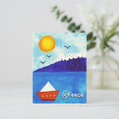 可愛い青い白い赤の水色のギリシャのボート ポストカード (スタンド正面)