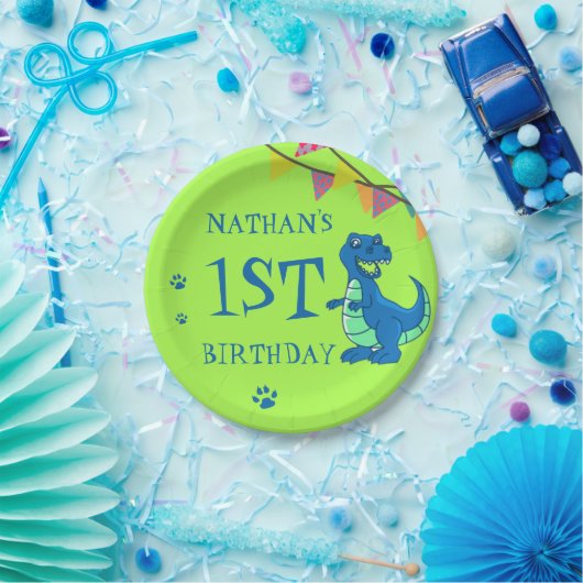 可愛い青い緑のポー恐竜をテーマにした誕生日パーティー ペーパープレート (パーティー)