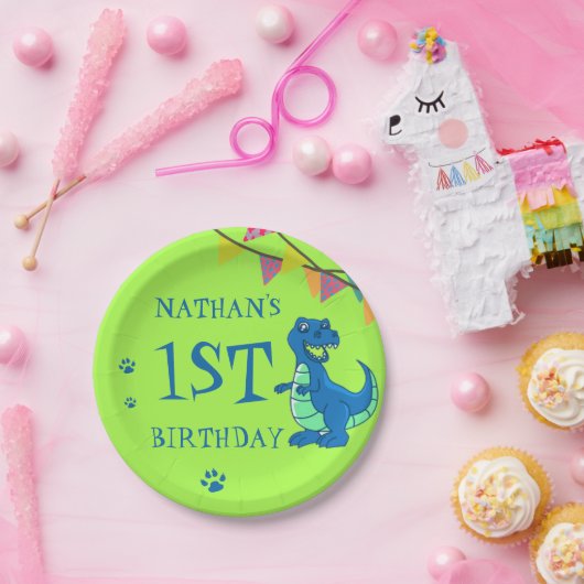 可愛い青い緑のポー恐竜をテーマにした誕生日パーティー ペーパープレート (パーティー)