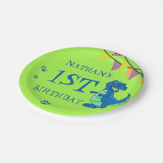 可愛い青い緑のポー恐竜をテーマにした誕生日パーティー ペーパープレート (アングル)