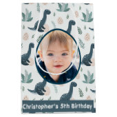 可愛い青い緑の恐竜カスタムの写真と名前 ミディアムペーパーバッグ (正面)