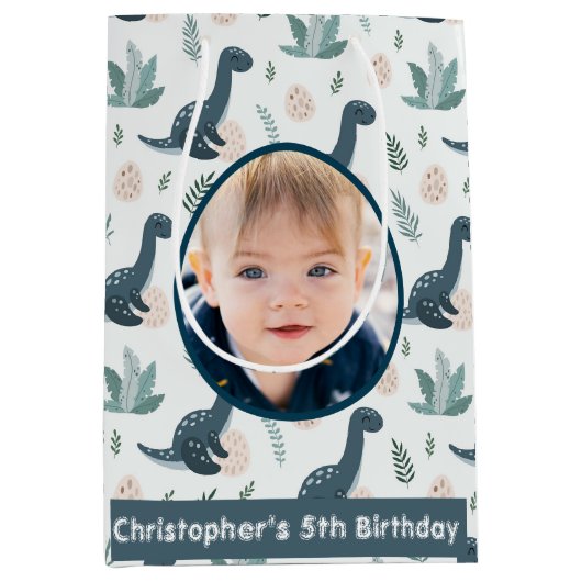 可愛い青い緑の恐竜カスタムの写真と名前 ミディアムペーパーバッグ (正面)