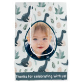 可愛い青い緑の恐竜カスタムの写真と名前 ミディアムペーパーバッグ (裏面)