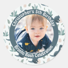 可愛い青い緑の恐竜カスタムの写真と名前 ラウンドシール