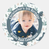 可愛い青い緑の恐竜カスタムの写真と名前 ラウンドシール (正面)