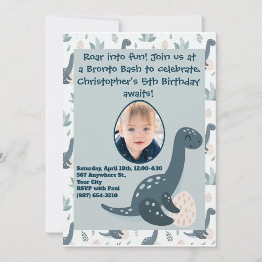 可愛い青い緑の恐竜カスタムの写真と名前 招待状 (正面)