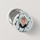 可愛い青い緑の恐竜カスタムの写真と名前 缶バッジ (正面&裏面)