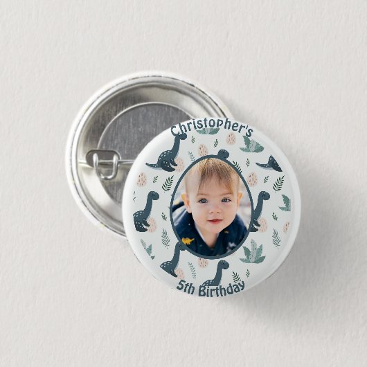 可愛い青い緑の恐竜カスタムの写真と名前 缶バッジ (正面&裏面)