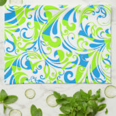 可愛い青い緑の混合花柄 キッチンタオル (折り畳み)