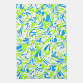 可愛い青い緑の混合花柄 キッチンタオル (縦)