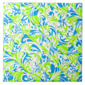 可愛い青い緑の混合花柄 タイル (正面)