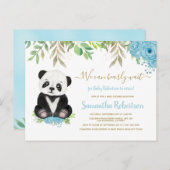 可愛い青い緑の金ゴールドクマ男の子ベビーシャワー インビテーションポストカード (正面/裏面)