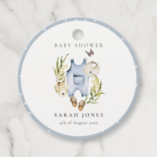 可愛い青い葉の男の子服ベビーシャワー フェイバータグ (正面)