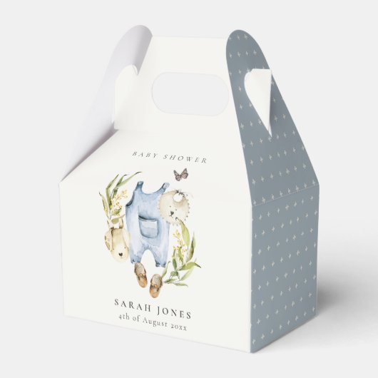 可愛い青い葉の男の子服ベビーシャワー フェイバーボックス (正面サイド)