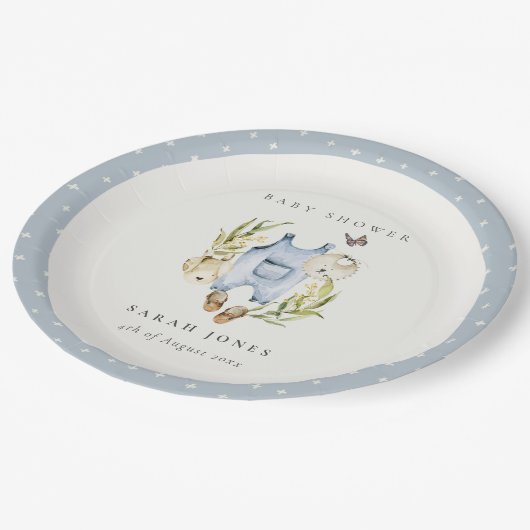 可愛い青い葉の男の子服ベビーシャワー ペーパープレート (アングル)