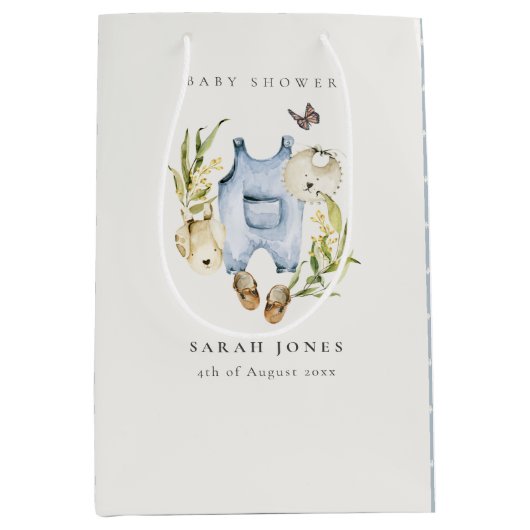 可愛い青い葉の男の子服ベビーシャワー ミディアムペーパーバッグ (正面)