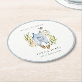 可愛い青い葉の男の子服ベビーシャワー ラウンドペーパーコースター (アングル)