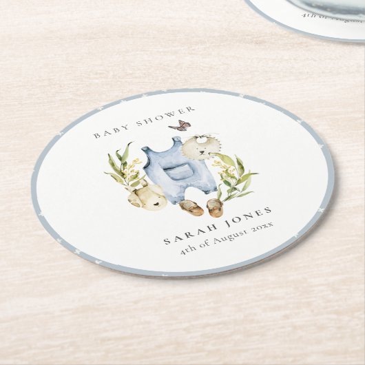 可愛い青い葉の男の子服ベビーシャワー ラウンドペーパーコースター (アングル)