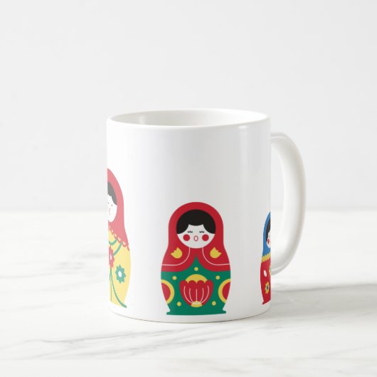 可愛い青い赤い黄色の白い緑のロシアの人形 コーヒーマグカップ (正面右)