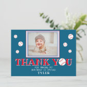 可愛い青い野球ボールスポーツ誕生日写真 サンキューカード (スタンド正面)