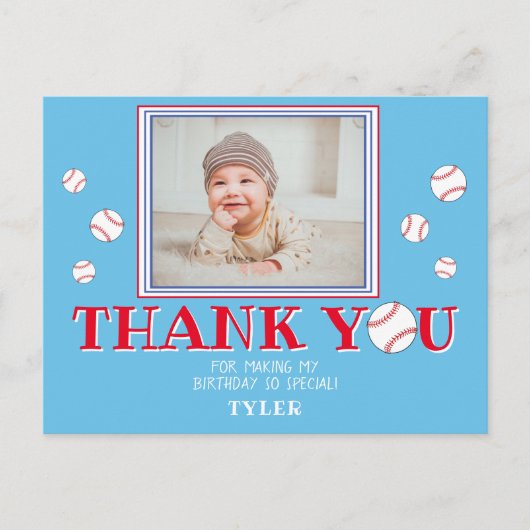 可愛い青い野球誕生日ありがとうフォトカード インビテーションポストカード (正面)