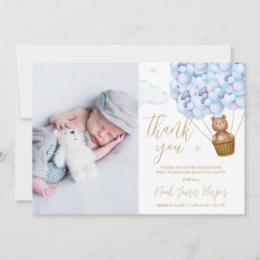 可愛い青い風船のクマ生まれたばかりのベビー写真 サンキューカード (正面)