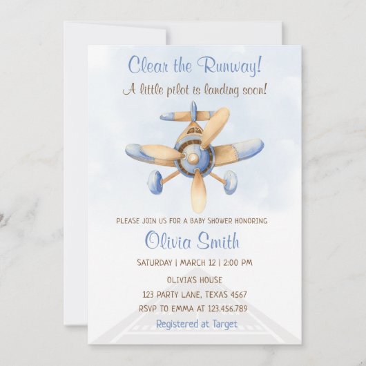 可愛い青い飛行機の滑走路パイロット赤ちゃんシャワー 招待状 (正面)