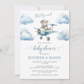 可愛い青い飛行機テディベア男の赤ちゃんシャワー 招待状 (正面)