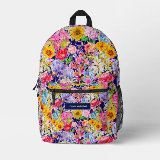 可愛い青い黄色の花エレガント柄モノグラム プリントバックパック (正面)