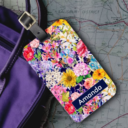 可愛い青い黄色の花エレガント柄モノグラム ラゲッジタグ