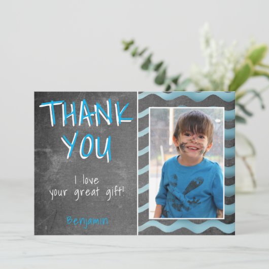可愛い青い黒板誕生日写真 サンキューカード (スタンド正面)