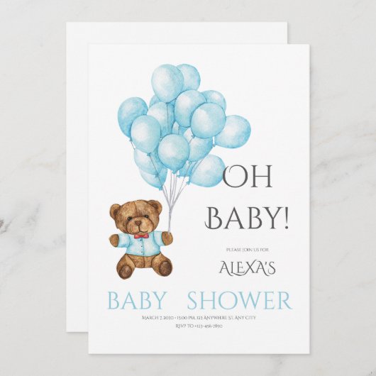 可愛い青いOhベビーシャワーとテディベアのバルーン 招待状 (正面/裏面)
