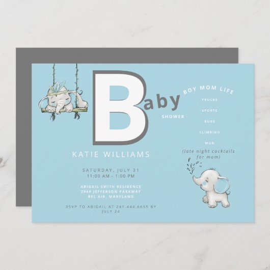 可愛い青おもしろいい男の子ママ人生ベイビーシャワー 招待状 (正面/裏面)