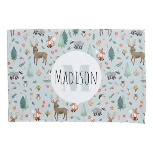 可愛い青お洒落い森の模様の子供 枕カバー (正面左)