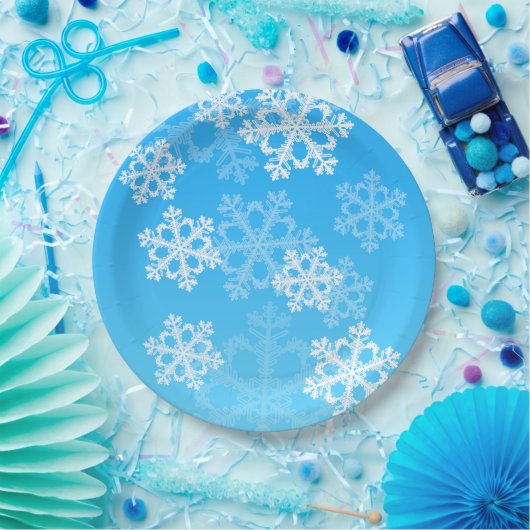 可愛い青と白のクリスマススノーフレーク ペーパープレート (パーティー)