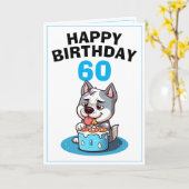 可愛い青と白のハスキー夫60誕生日 カード (黄色い花)