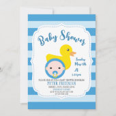 可愛い青と白のラバーダック男の子ベイビーシャワー 招待状 (正面)