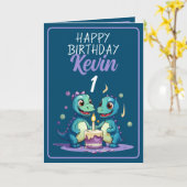 可愛い青と紫の恐竜の少年1st誕生日 カード (黄色い花)