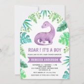 可愛い青と紫の恐竜アーチ赤ちゃんシャワー 招待状 (正面)