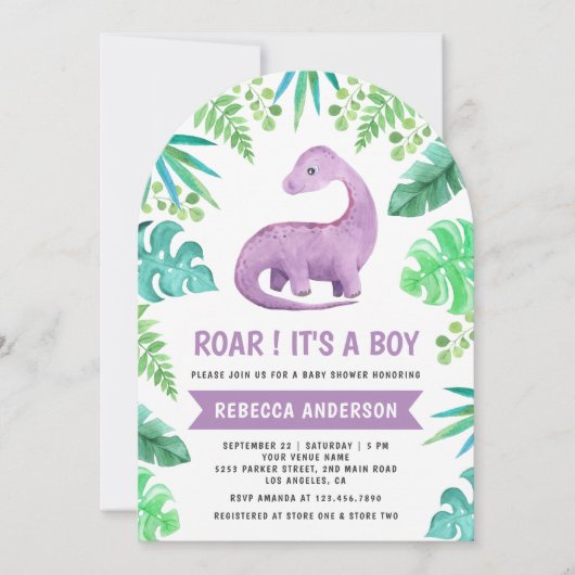 可愛い青と紫の恐竜アーチ赤ちゃんシャワー 招待状 (正面)