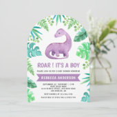 可愛い青と紫の恐竜アーチ赤ちゃんシャワー 招待状 (スタンド正面)