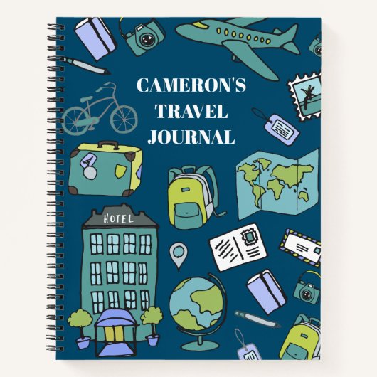 可愛い青と緑のトラベルパーソナライズされたジャーナル ノートブック (正面)