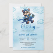 可愛い青と茶色の少年テディベア飛行士 招待状 (正面)