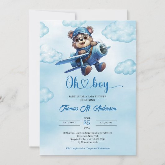 可愛い青と茶色の少年テディベア飛行士 招待状 (正面)