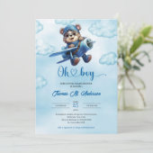 可愛い青と茶色の少年テディベア飛行士 招待状 (スタンド正面)