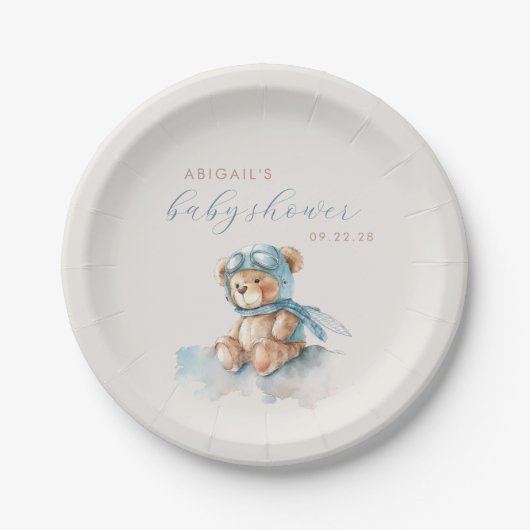 可愛い青の水色テディベア男の子ベイビーシャワー ペーパープレート (正面)