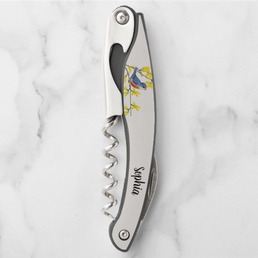 可愛い青の赤い歌う鳥の枝黄色の花 ソムリエナイフ (正面)