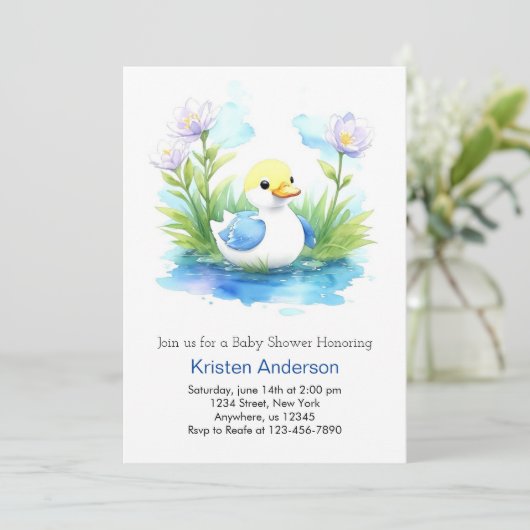 可愛い青アヒル牧草地の男の子の赤ちゃんシャワー 招待状 (スタンド正面)