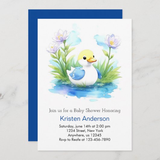 可愛い青アヒル牧草地の男の子の赤ちゃんシャワー 招待状 (正面/裏面)