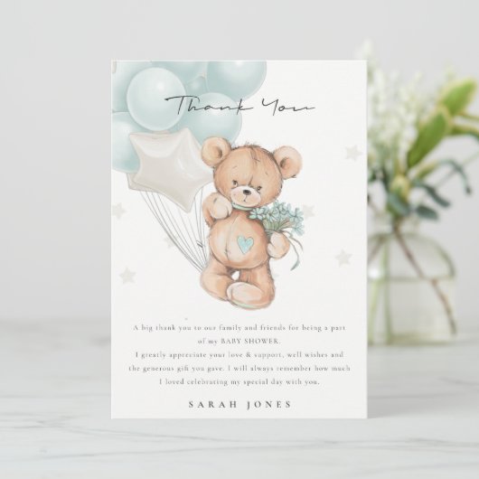 可愛い青クマ心待ちバルーン赤ちゃんシャワー サンキューカード (スタンド正面)